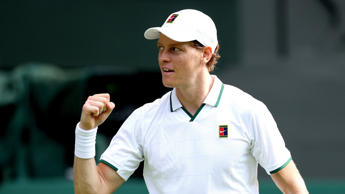Italy's Jannik Sinner celebrates winning his Men's Singles first-round match against Serbia's Miomir Kecmanovic at the Wimbledon Championships, London, U.K., June 29, 2026. (EPA Photo)