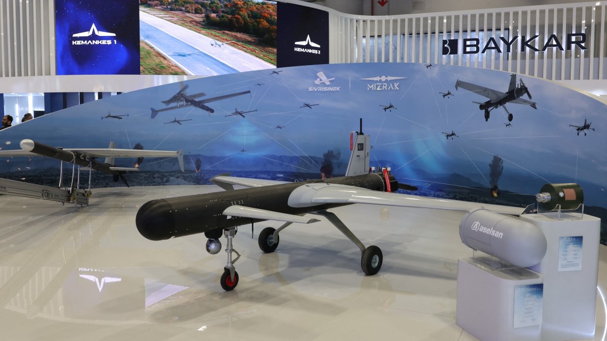 Mizrak, a new long-range intelligent loitering munition designed for deep-strike missions, developed by Turkish defense firm Baykar, is displayed at the SAHA 2026 fair, Istanbul, Türkiye, May 8, 2026. (Reuters Photo)