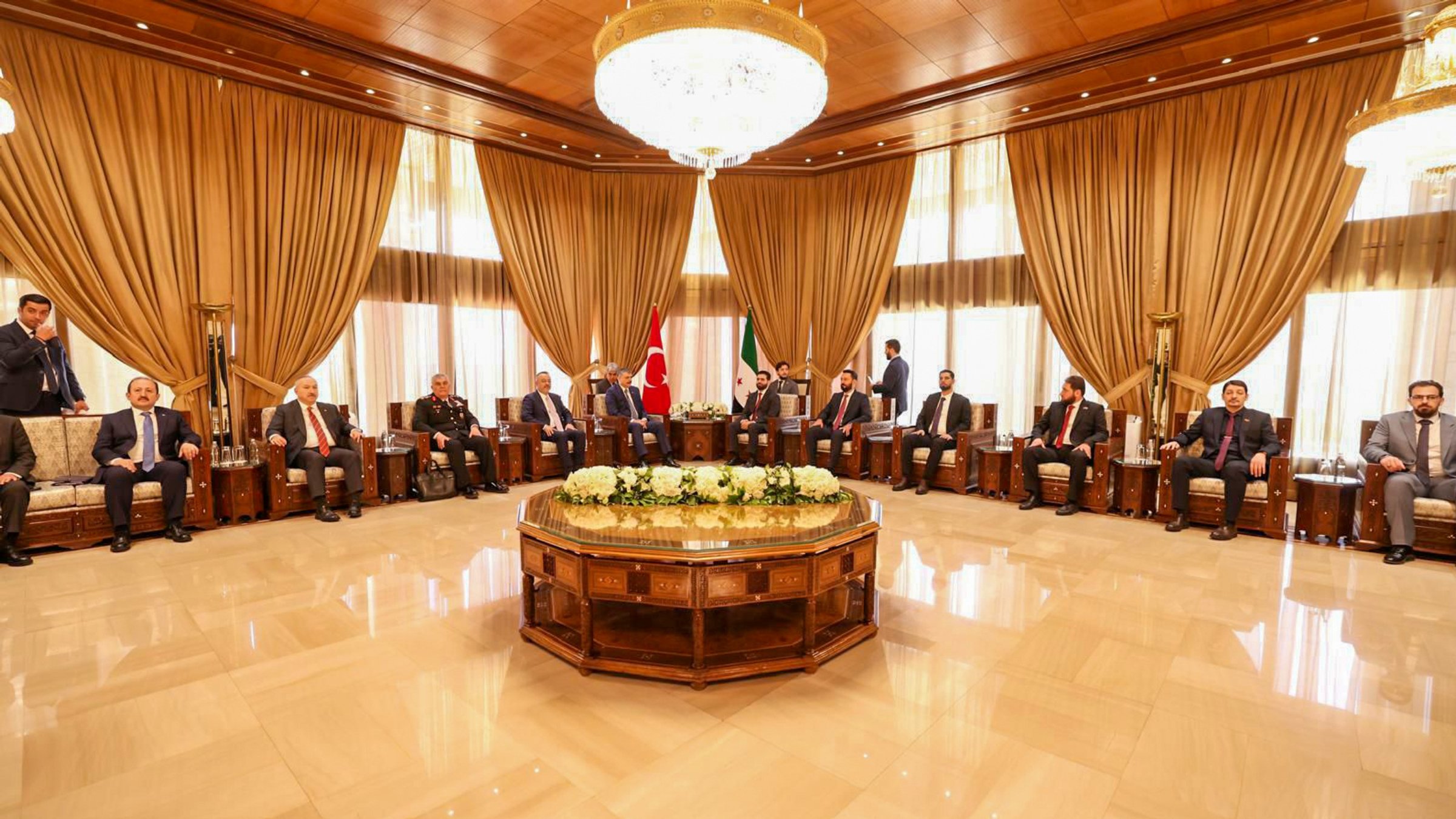 Interior Minister Mustafa Çiftçi (6th L) and his Syrian counterpart, Anas Khattab (6th R), accompanied by their delegations, meet to discuss bilateral ties in Damascus, Syria, June 30, 2026. (AA Photo)