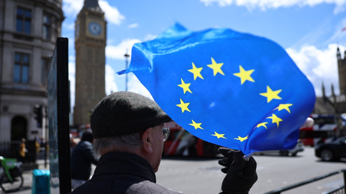 The EU flag is seen during a protest, London, U.K., June 10, 2026. (EPA Photo)
