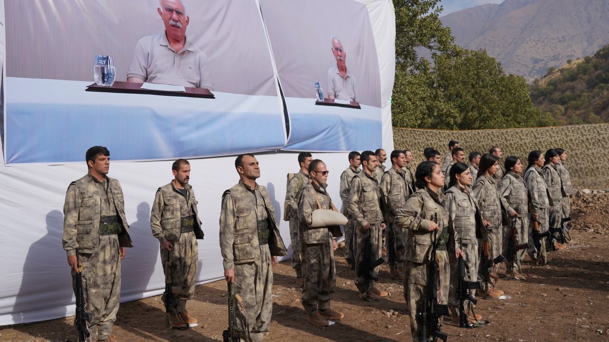The PKK terrorist group prepares to withdraw from Türkiye during a ceremony in the Qandil area, northern Iraq, Oct 26, 2025. (AP Photo)