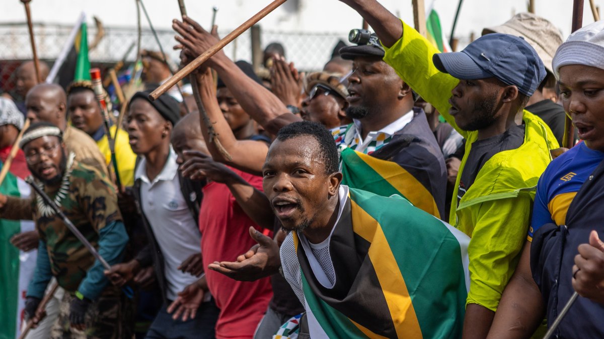 Members of the Zulu community take part in a rally against undocumented immigrants during a nationwide anti-immigrant movement shutdown in Durban, South Africa, June 30, 2026. (EPA Photo)