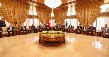 Interior Minister Mustafa Çiftçi (6th L) and his Syrian counterpart, Anas Khattab (6th R), accompanied by their delegations, meet to discuss bilateral ties in Damascus, Syria, June 30, 2026. (AA Photo)