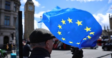The EU flag is seen during a protest, London, U.K., June 10, 2026. (EPA Photo)