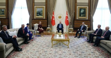 President Recep Tayyip Erdoğan (C) receives EU foreign policy chief Kaja Kallas (4th L), EU Commissioner for Enlargement Marta Kos (3rd L) and European Commissioner for Internal Affairs and Migration Magnus Brunner (2nd L), Ankara, Türkiye, June 30, 2026. (AA Photo)