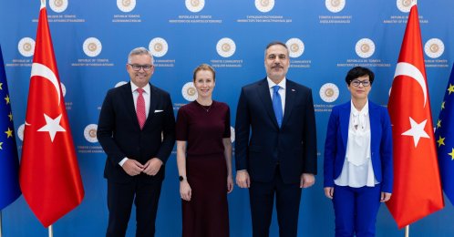 Foreign Minister Hakan Fidan and top EU officials pose for a photo after a meeting in Ankara, June 30, 2026. (AA Photo)