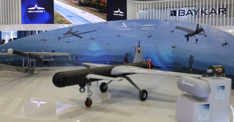 Mizrak, a new long-range intelligent loitering munition designed for deep-strike missions, developed by Turkish defense firm Baykar, is displayed at the SAHA 2026 fair, Istanbul, Türkiye, May 8, 2026. (Reuters Photo)