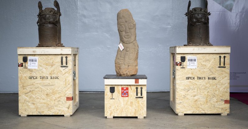 Commemorative heads of Oba Osemwende, returned by the Ethnographic Museum of the University of Zurich and Museum Rietberg, during the restitution ceremony following the signing of a bilateral cooperation agreement on the import, export and return of cultural property, National Museum, Lagos, Nigeria, June, 29, 2026. (EPA Photo)