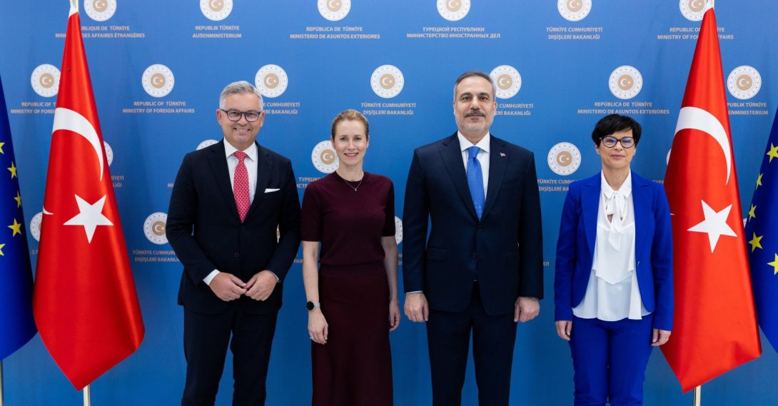 Foreign Minister Hakan Fidan and top EU officials pose for a photo after a meeting in Ankara, June 30, 2026. (AA Photo)