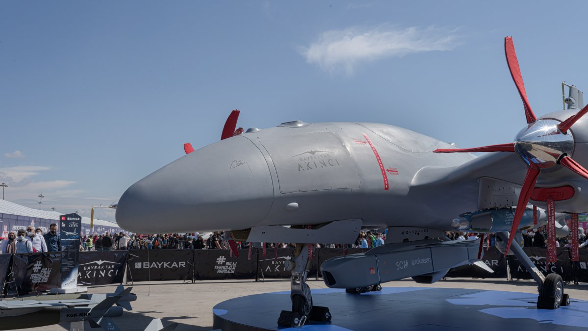 The Bayraktar Akıncı drone of Turkish defense company Baykar is displayed during Teknofest, the country's premier technology and aerospace festival, Istanbul, Türkiye, Sept. 24, 2021. (Reuters Photo)