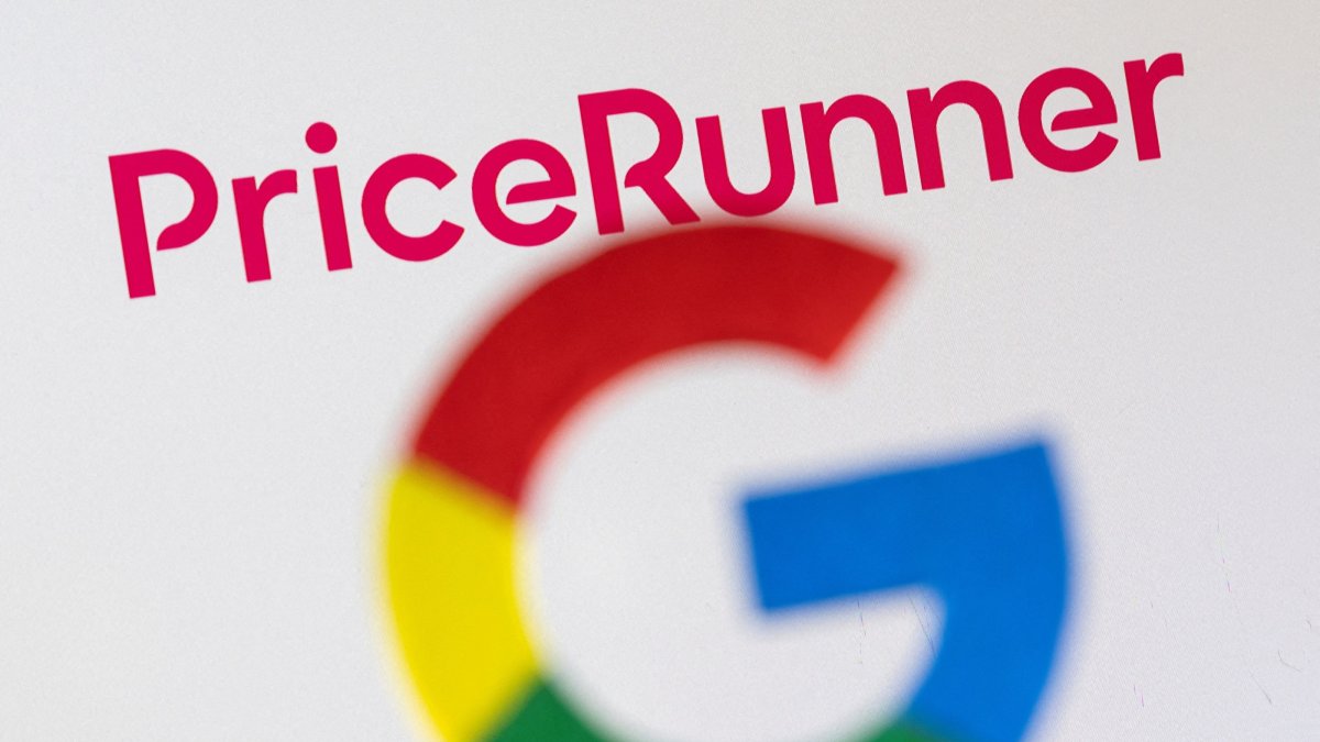 A 3D printed Google logo is seen in front of a displayed PriceRunner logo in this photo illustration taken on Feb. 8, 2022. (Reuters Photo)