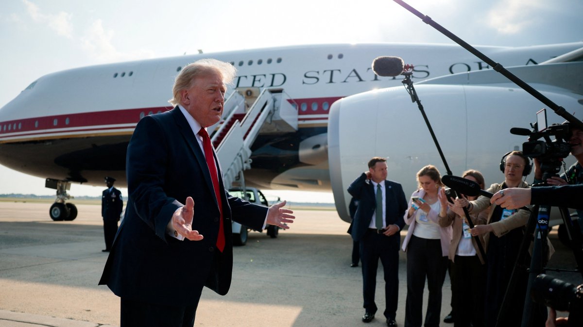 U.S. President Donald Trump gestures as he speaks with reporters before boarding the new Air Force One, Maryland, U.S., July 1, 2026. (Reuters Photo)