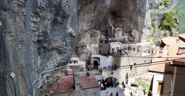 An aerial view shows the historic Sümela Monastery perched on a cliff overlooking the Altındere Valley, Trabzon, Türkiye, June 30, 2026. (AA Photo)