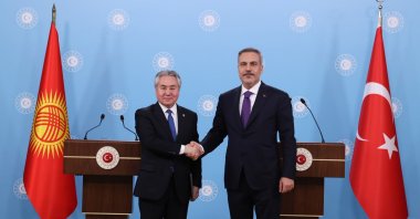 Foreign Minister Hakan Fidan and Kyrgyz Foreign Minister Ceenbek Kulubayev hold a joint news conference following the seventh meeting of the Türkiye-Kyrgyzstan Joint Strategic Planning Group, Ankara, Türkiye, July 1, 2026. (AA Photo)