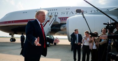 U.S. President Donald Trump gestures as he speaks with reporters before boarding the new Air Force One, Maryland, U.S., July 1, 2026. (Reuters Photo)
