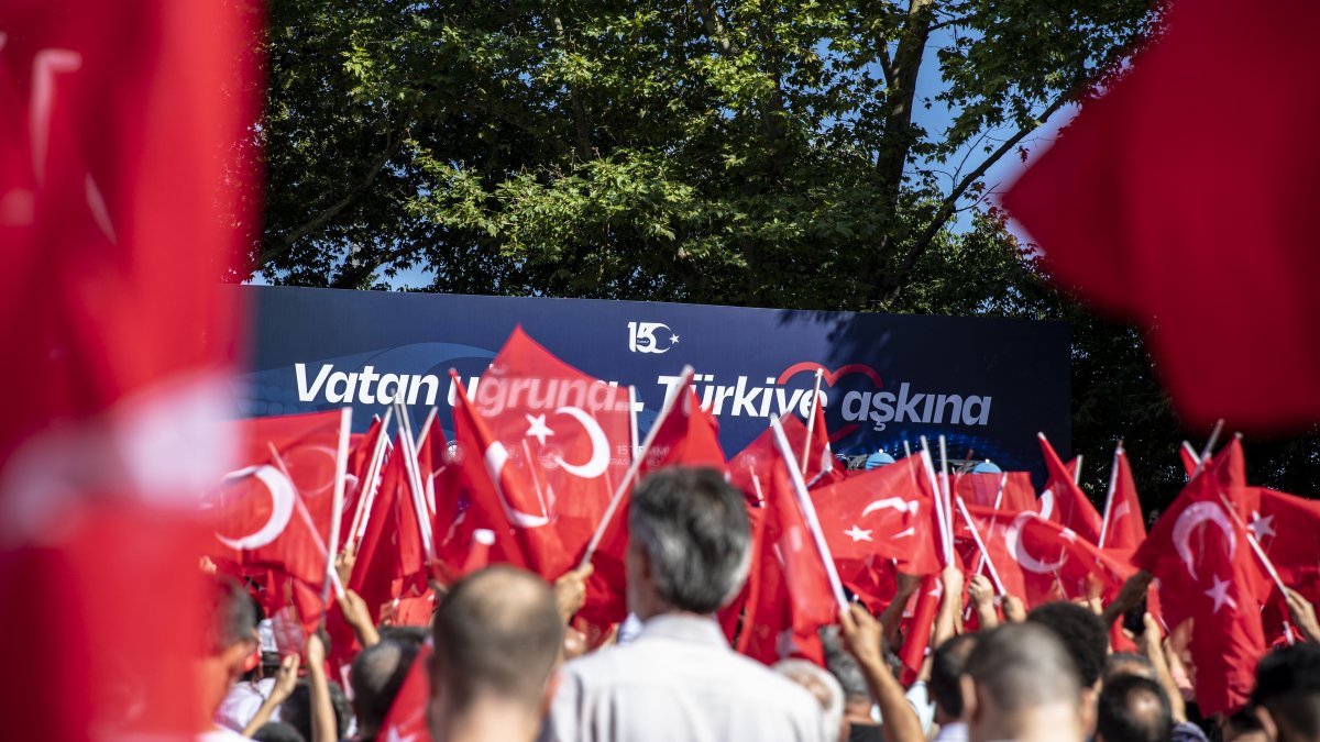 People take part during the July 15 Democracy and National Unity Day commemoration event marking the sixth anniversary of the defeated coup, Istanbul, Türkiye, July 15, 2022. (Getty Images Photo)