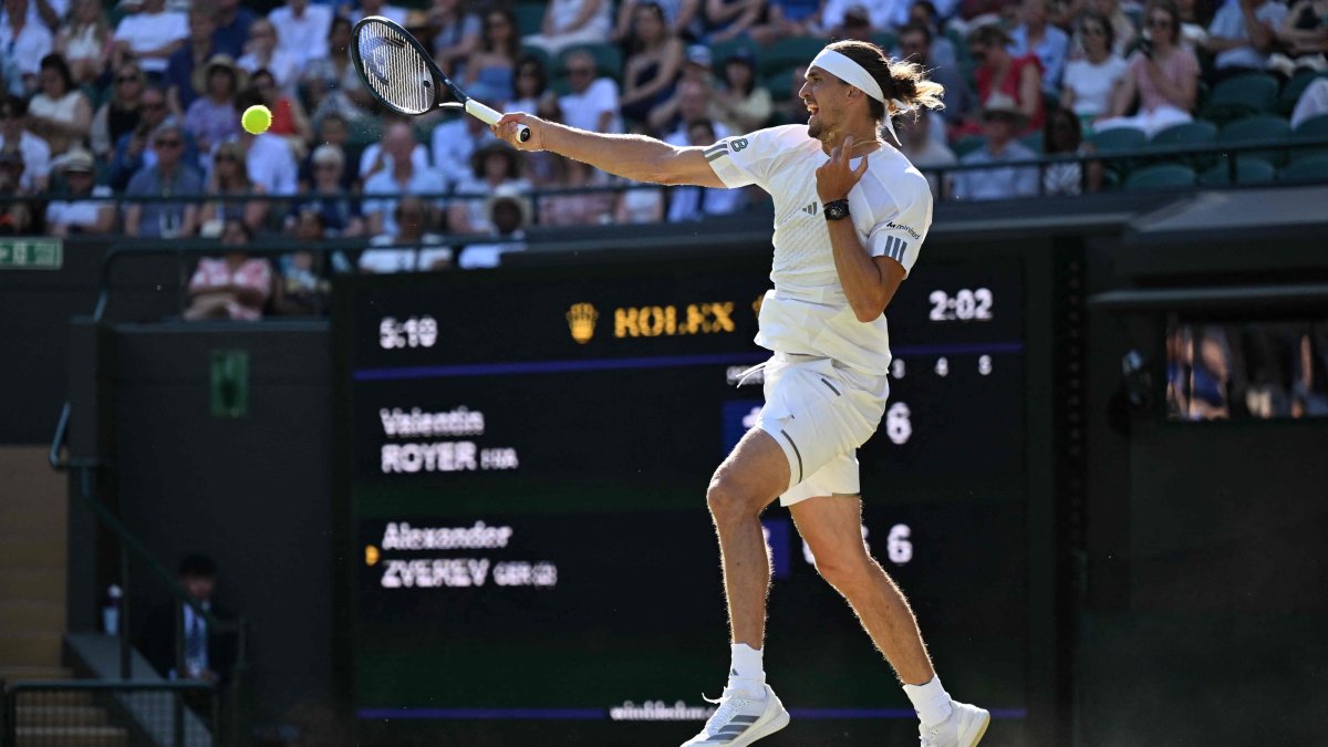 Germany's Alexander Zverev returns against France's Valentin Royer during their men's singles second-round tennis match on the fourth day of the 2026 Wimbledon Championships at The All England Lawn Tennis and Croquet Club in Wimbledon, southwest London, U.K., July 2, 2026. (AFP Photo)