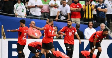 Egypt's Mahmoud Saber (L) celebrates scoring with Mohamed Salah (2nd R) and teammates during the 2026 FIFA World Cup Group G match against Iran at Seattle Stadium, Seattle, U.S., June 26, 2026. (Reuters Photo)