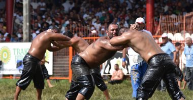 Turkish oil wrestlers in action during the 664th Historic Kırkpınar Oil Wrestling Festival, Edirne, Türkiye, July 6, 2025. (DHA Photo)