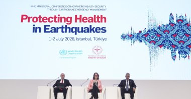 Health Minister Kemal Memişoğlu (R) speaks during a panel session at the WHO Ministerial Conference on earthquake health security, Istanbul, Türkiye, July 2, 2026. (AA Photo) 
