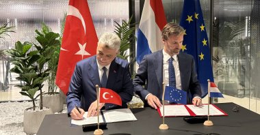 Trade Minister Ömer Bolat (L) and Dutch Foreign Trade and Development Cooperation Minister Sjoerd Sjoerdsma sign documents during the JETCO meeting, The Hague, Netherlands, July 2, 2026. (AA Photo)