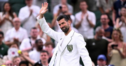 Serbia's Novak Djokovic waves as he leaves the court after defeating Greece's Stefanos Tsitsipas during their men's singles second-round tennis match on the third day of the 2026 Wimbledon Championships at The All England Lawn Tennis and Croquet Club in Wimbledon, London, U.S., July 1, 2026. (AFP Photo)