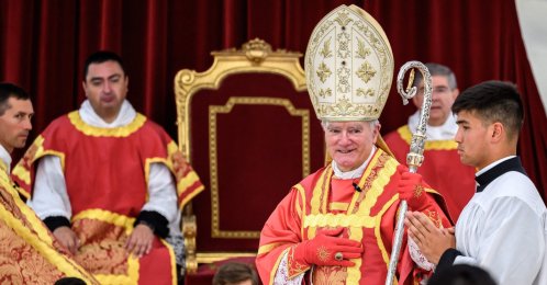 Swiss traditionalist Catholic Bishop and former Superior General of the Society of Saint Pius X (SSPX) Bernard Fellay (C) takes part in an ordination ceremony in Econe, near Sion, western Switzerland, June 29, 2026. (AFP Photo)