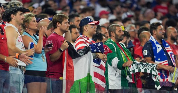 One supporter unfurls a Palestinian flag during the 2026 FIFA World Cup Group D match between Türkiye and the United States at the Los Angeles Stadium, Los Angeles, U.S., June 25, 2026. (AA Photo)