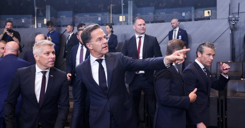 (L-R) Slovenia's Defense Minister Valentin Hajdinjak, NATO Secretary-General Mark Rutte, and U.S. Secretary of Defense Pete Hegseth ahead of a meeting of NATO defense ministers at the alliance's headquarters, Brussels, Belgium, June 18, 2026. (EPA Photo)