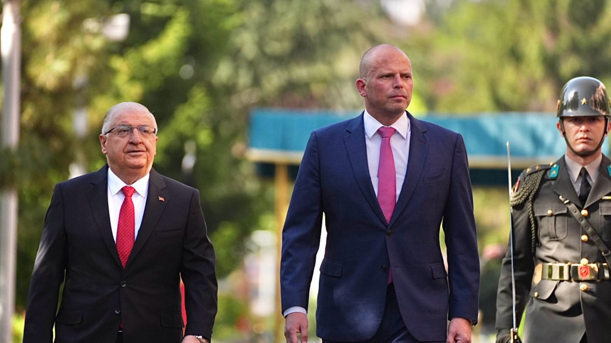 Belgian Defense Minister Theo Francken (R) is welcomed by Turkish National Defense Minister Yaşar Güler, Ankara, Türkiye, May 13, 2026. (AA Photo)