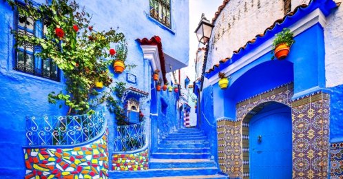 A blue-painted staircase and wall decorated with colorful flowerpots in Chefchaouen, Morocco. (Shutterstock Photo)