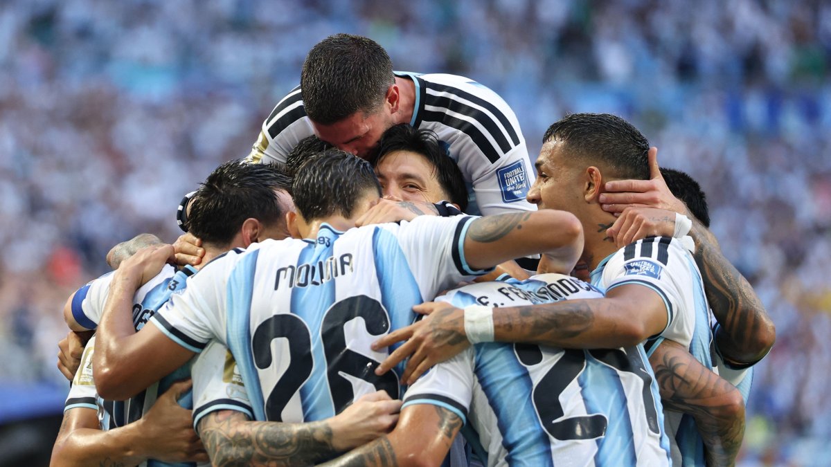 Argentina's Lionel Messi celebrates with teammates after scoring his team's first goal during the 2026 FIFA World Cup Round of 32 football match against Cape Verde at the Miami Stadium, Miami Gardens, U.S., July 3, 2026. (AFP Photo)