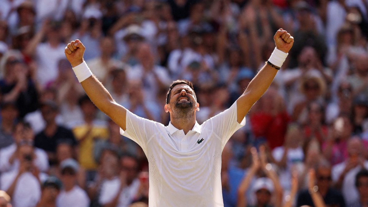 Serbia's Novak Djokovic celebrates after winning his third-round Wimbledon match against France's Arthur Rinderknech at All England Lawn Tennis and Croquet Club, London, U.S., July 3, 2026. (Reuters Photo)