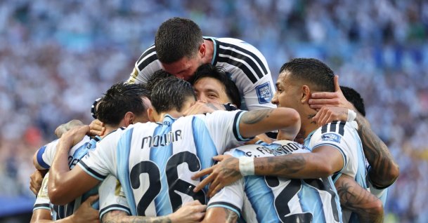 Argentina's Lionel Messi celebrates with teammates after scoring his team's first goal during the 2026 FIFA World Cup Round of 32 football match against Cape Verde at the Miami Stadium, Miami Gardens, U.S., July 3, 2026. (AFP Photo)