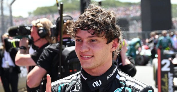 Mercedes driver Kimi Antonelli of Italy celebrates after winning the Sprint ahead of the Formula One British Grand Prix at the Silverstone Circuit racetrack, Silverstone, U.K., July 4, 2026. (EPA Photo)