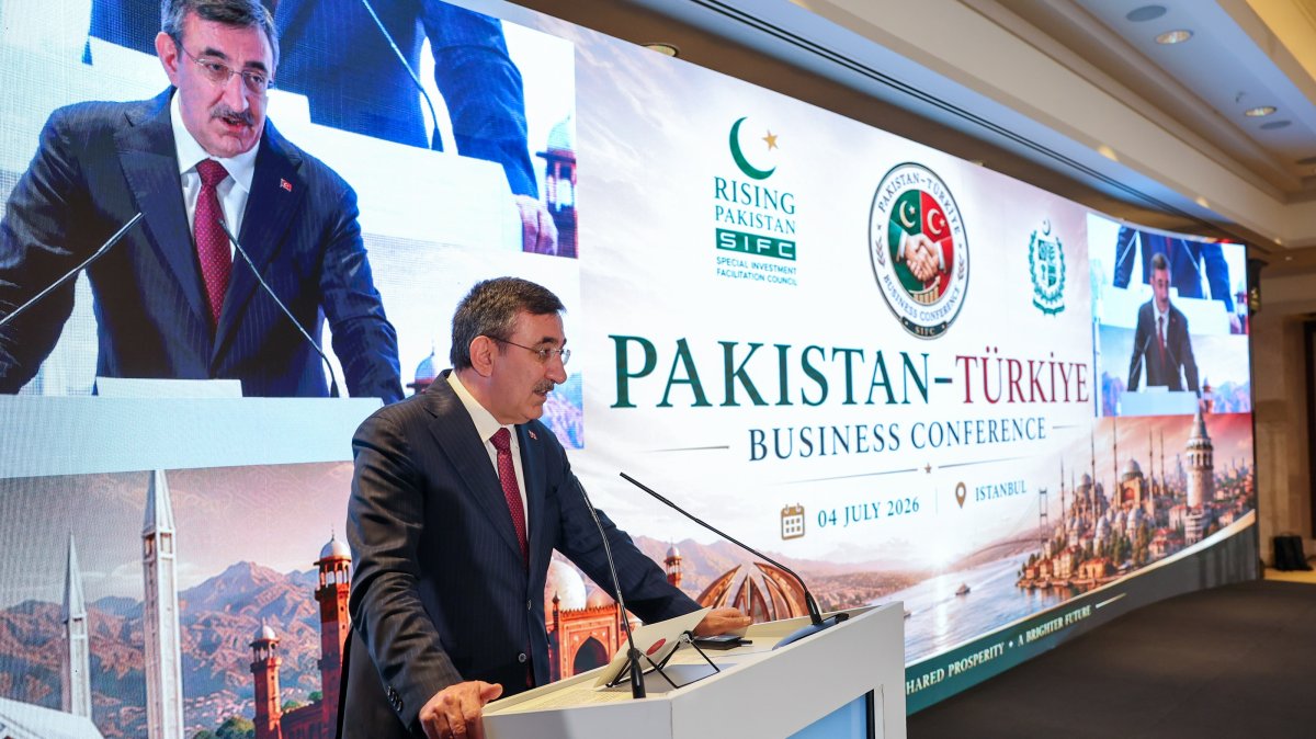 Vice President Cevdet Yılmaz addresses the Pakistan-Türkiye Business Conference, Istanbul, Türkiye, July 4, 2026. (AA Photo)