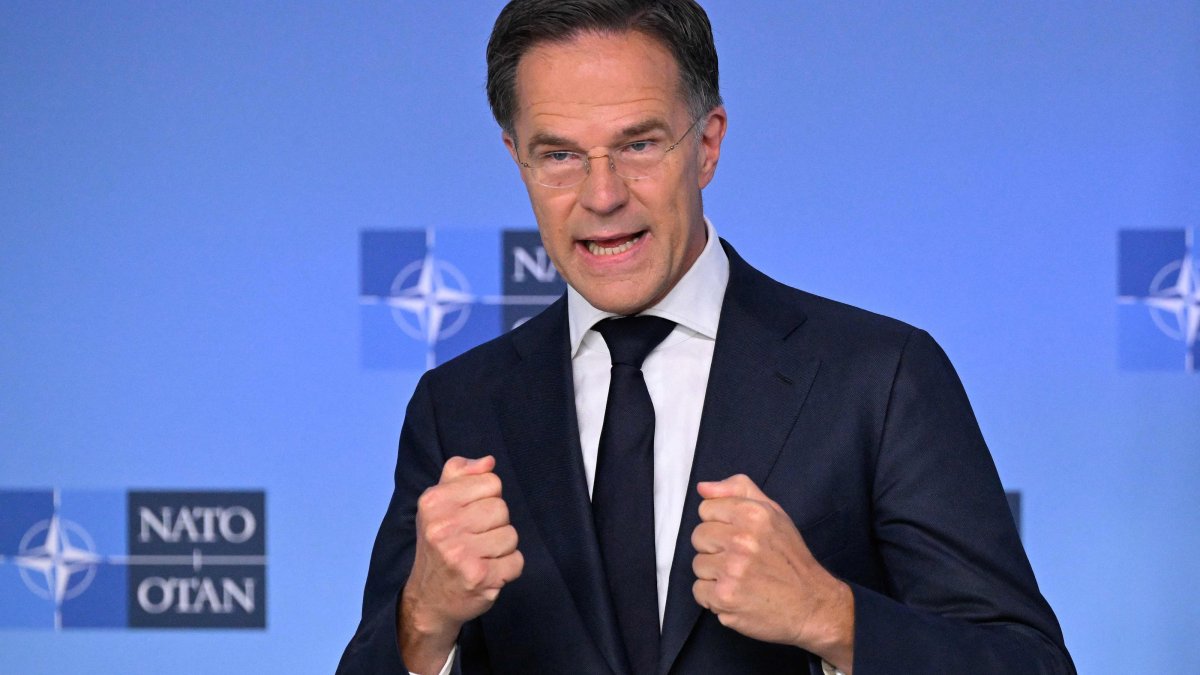 NATO Secretary-General Mark Rutte delivers remarks before a NATO defense ministers meeting at NATO headquarters, Brussels, Belgium, June 18, 2026. (AFP Photo)