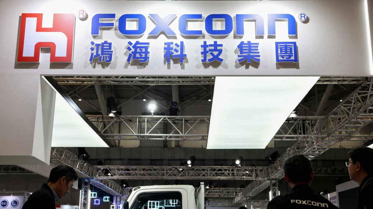 The logo of Foxconn is seen during the AutoTronics Taipei 2026 at Nangang Exhibition Center, Taipei, Taiwan, April 15, 2026. (AFP Photo)