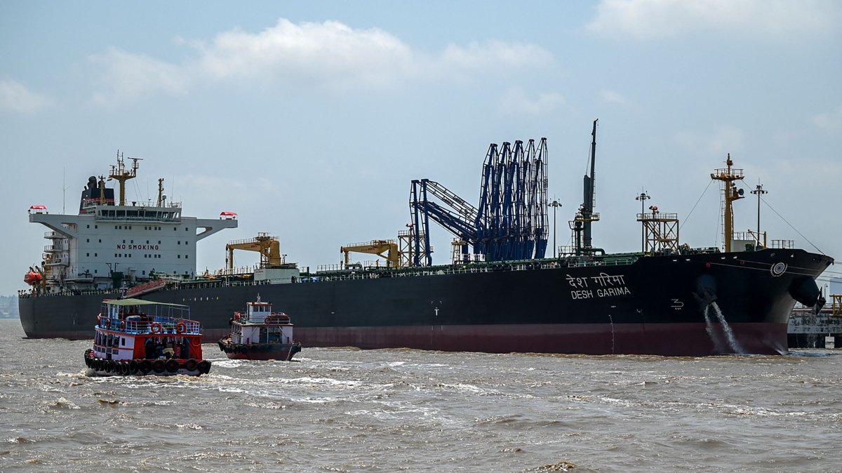 Desh Garima, an Indian-flagged tanker carrying crude oil that transited through the Strait of Hormuz, is seen docked at an offloading terminal along the coast in Mumbai, India, April 30, 2026. (AFP Photo)