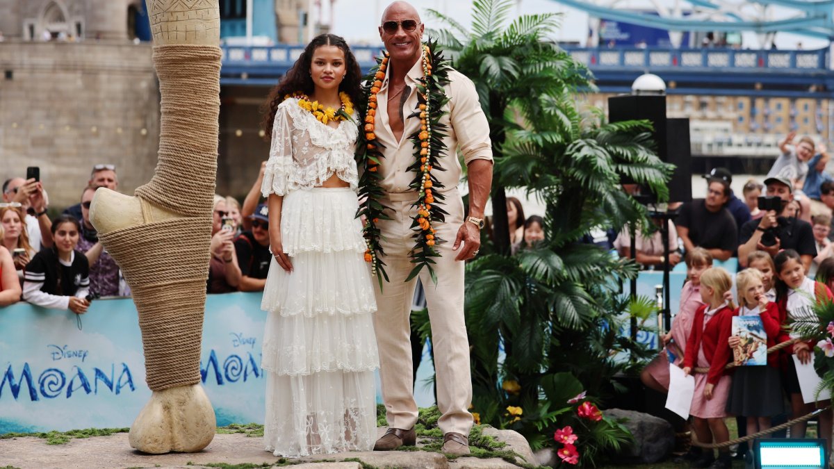U.S. actor Catherine Laga'aia (L) and Dwayne Johnson (R) appear at a photocall for "The Moana Live-Action Movie Experience" near London Bridge, London, U.K., June 30, 2026. (EPA Photo)