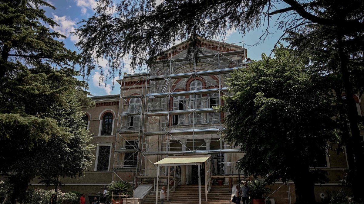 View of a scaffold on the main gate of the Halki Seminary, Heybeliada, Istanbul, Türkiye, July 2, 2026. (AFP Photo)