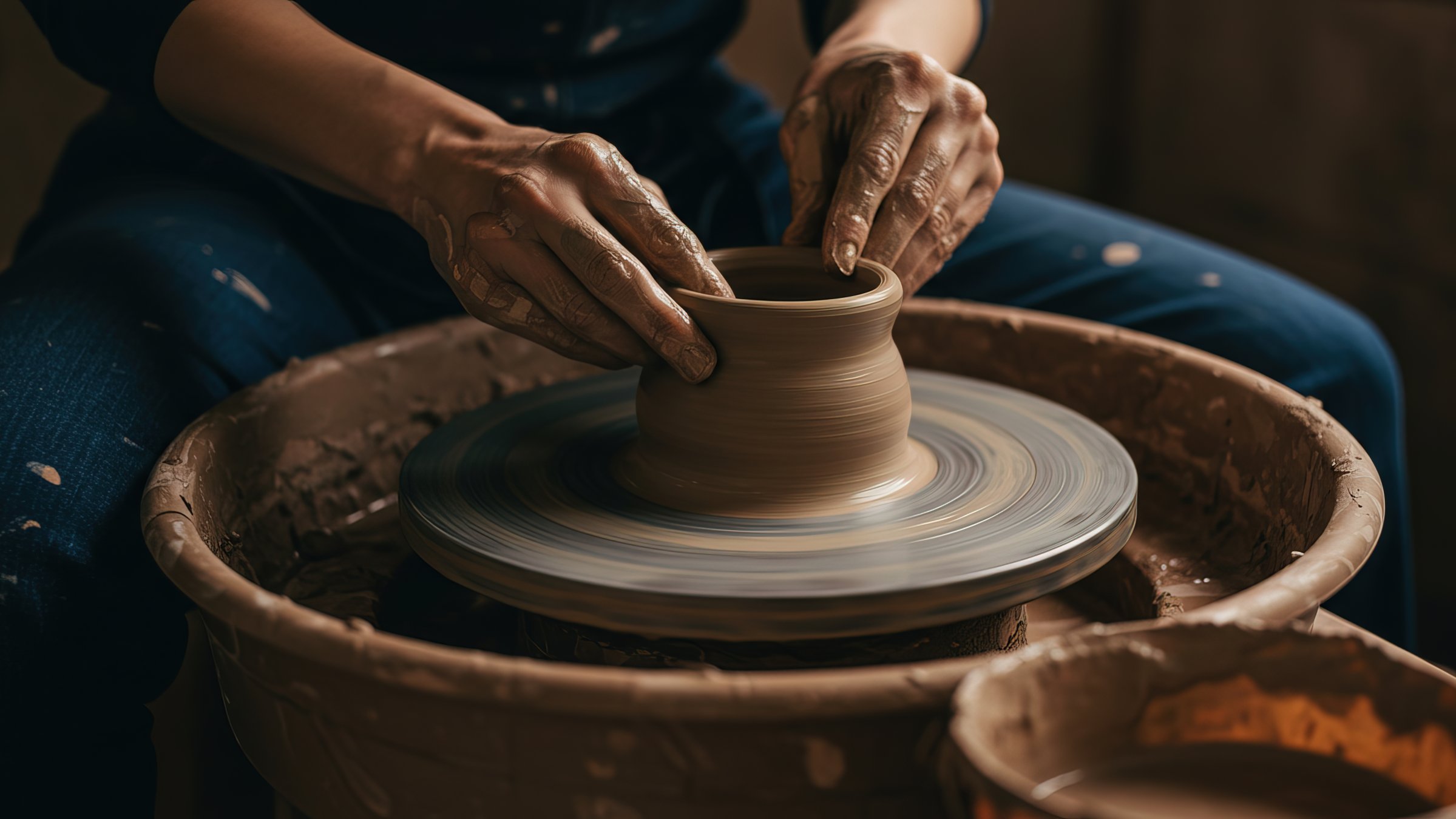 A close up of hands skillfully shaping wet clay on a spinning pottery wheel. (Shutterstock Photo)