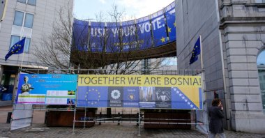 Activists display a giant placard with "Together we are Bosnia" in front of the European Parliament, Brussels, Belgium, March 2, 2024. (Getty Images Photo)