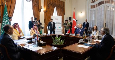 Foreign Minister Hakan Fidan (1st-R), Saudi Arabian Prince Faisal bin Farhan Al Saud (2nd-L), Egyptian Foreign Minister Badr Abdelatty (1st-L) and Pakistani Foreign Minister Mohammad Ishaq Dar (2nd-R) attended the Fourth Meeting of the Foreign Ministers of Türkiye, Egypt, Pakistan and Saudi Arabia, Cairo, Egypt, June 21, 2026. (AA Photo)
