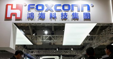 The logo of Foxconn is seen during the AutoTronics Taipei 2026 at Nangang Exhibition Center, Taipei, Taiwan, April 15, 2026. (AFP Photo)