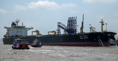Desh Garima, an Indian-flagged tanker carrying crude oil that transited through the Strait of Hormuz, is seen docked at an offloading terminal along the coast in Mumbai, India, April 30, 2026. (AFP Photo)