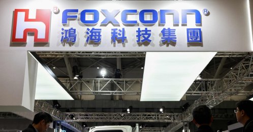 The logo of Foxconn is seen during the AutoTronics Taipei 2026 at Nangang Exhibition Center, Taipei, Taiwan, April 15, 2026. (AFP Photo)