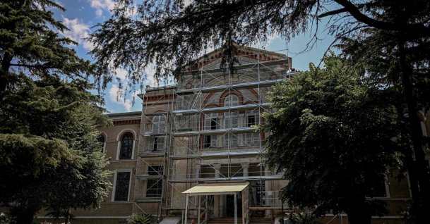 View of a scaffold on the main gate of the Halki Seminary, Heybeliada, Istanbul, Türkiye, July 2, 2026. (AFP Photo)