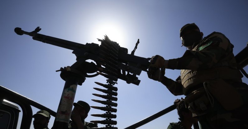 Houthi troopers patrol during a gathering to mobilize more fighters in Sana'a, Yemen, July 2, 2026. (EPA Photo)