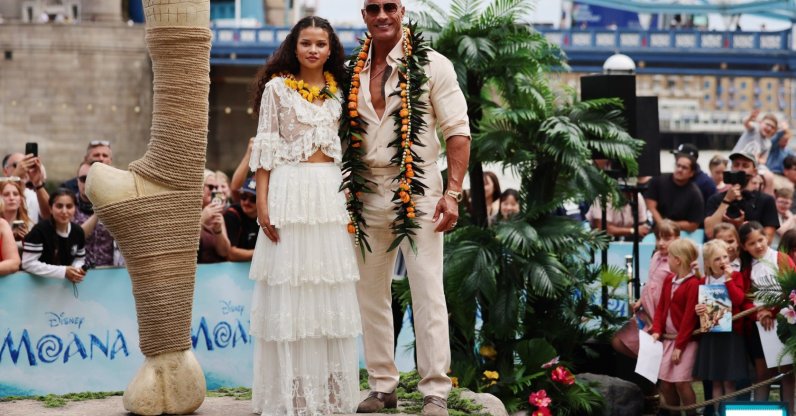 U.S. actor Catherine Laga'aia (L) and Dwayne Johnson (R) appear at a photocall for "The Moana Live-Action Movie Experience" near London Bridge, London, U.K., June 30, 2026. (EPA Photo)